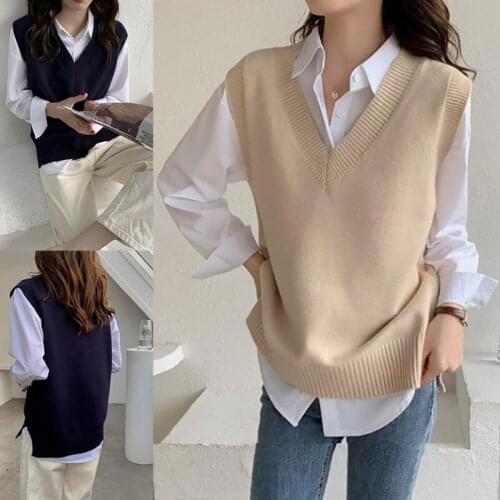 Women Sweater Vest Korean Style V-Neck Simple Solid Slim All-Match Casual Tops Chic Fashion Autumn Winter Sleeveless Sweaters