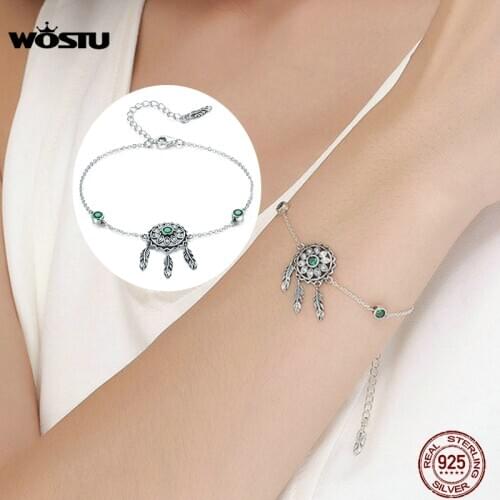 WOSTU Spring Style 925 Sterling Silver Green Flower Leaves Chain & Link Bracelets For Women Original Real Jewelry Gift CQB078