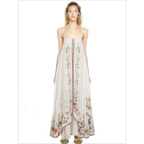 2021 womens long embroidery dress O-neck irregular length floral pattern cotton dress strapless sexy maxi long holiday dress