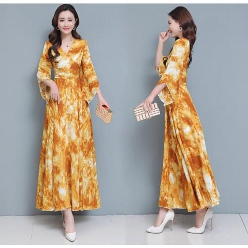 Printed Long Dress V-neck Beach Womens Clothing Real Shot 2021 Summer New Chiffon Temperament Short Sleeve Dresses Length