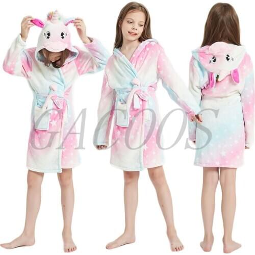 Winter Big Boys Girls Bath Robe Childrens Clothing Unicorn Stitch Hooded Flannel Bathrobes Sleepwear Girls Boys Cartoon Robes