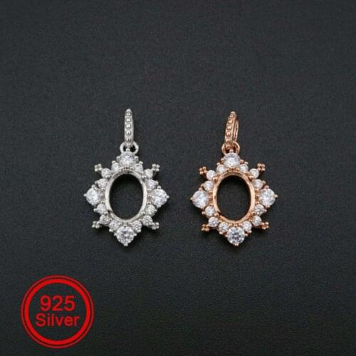 1Pcs Oval Prong Pendant Settings Snow Flake Rose Gold Plated Solid 925 Sterling Silver Filigree Gemstone Charm Bezel Tray1421132