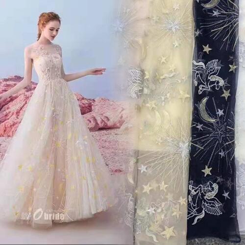 1yard Star Horse Moon With Gold Silver Thread tulle Mesh African French Lace Fabric In Blue/black/white For Bridal Gowns