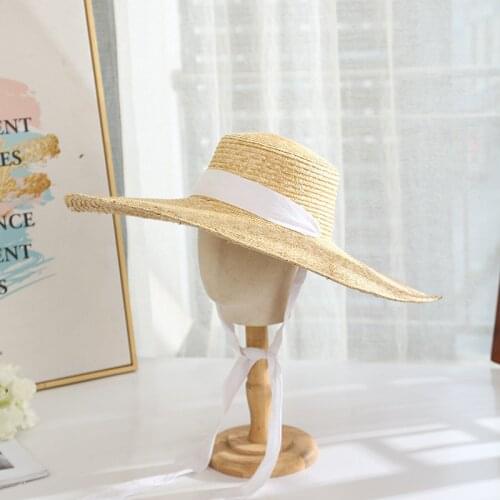 202105-shi new summer handmade straw 18cm brim beige ribbon beach fedoras cap women leisure panama jazz hat