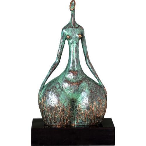 Abstract Tree Girl Statue Sculpture Brass Modern Art Greenish Collectible Figurine Upscale Indoor Home Decoration