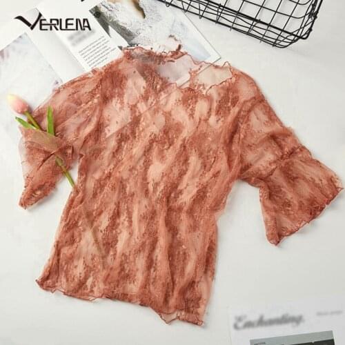 Verlena Elegant Chic Lace Mesh Blouses Femme Flare Half Sleeve Summer Tops Women Crochet Hollow O-Neck Sheer Vintage Shirt 2021