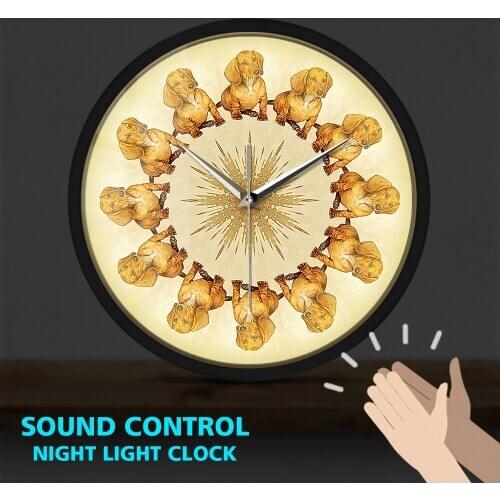 Puppy Dachshund Dog Metal Frame LED Wall Clock Clap Sound Control Horologe Modern Design Geek Decoration Watch Doggie Lover Gift