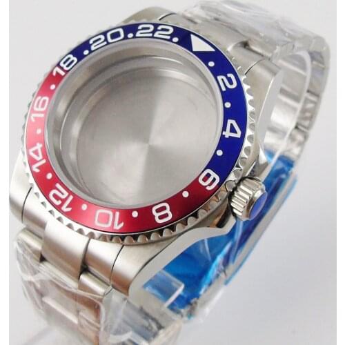 For NH35 NH36 40mm Watch Case Oyster Bracelet Plain Sapphire Glass Brushed Blue Red Insert Open Screw Back Folding Buckle