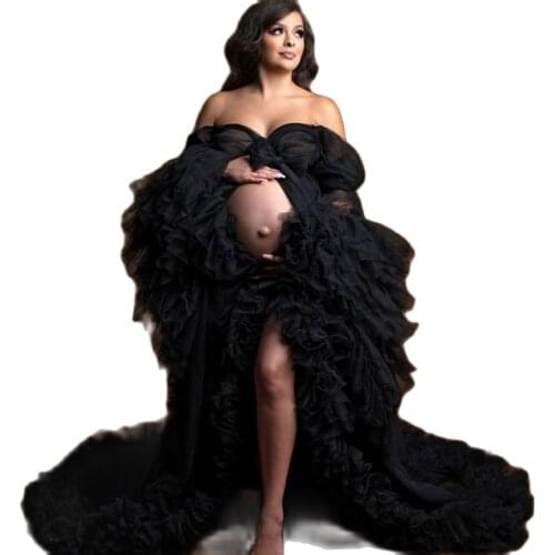 Black Maternity Dresses A Line V Neck Puffy Ruffles Maternity Gown for Photoshoot Boudoir Lingerie Robe Bathrobe Nightwear