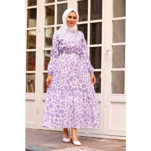 ‎Patterned Bell Cut Dress‎ Muslim Women Dress Abaya Kaftan Caftan Dubai Turkey Bigsize Dress Women Clothing Hijab Dress İslamic