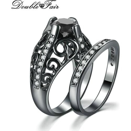 Double Fair Punk Style Couple Rings For Men / Women Black Gold Color Ring Set Black Nano Stone Womens Jewelry DFYG054