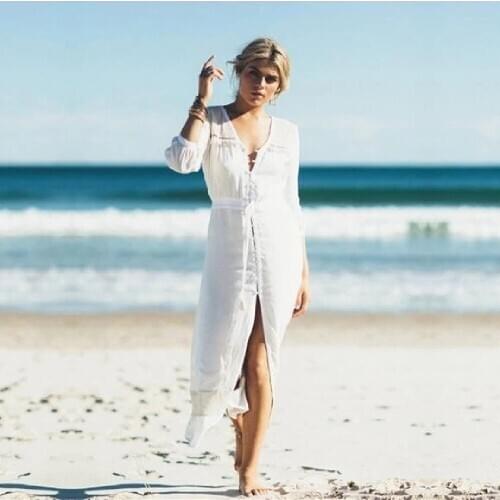 Cotton Long Beach Cover up Robe de Plage Swimsuit Cover up Saida de Praia Women Bathing suit cover up Tunics for Beach #Q422