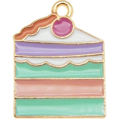 Julie Wang 6pcs Alloy Enamel Cake Slice Design Charms Creative Imitation Food Pendant For Crafts Jewelry Making Accessory