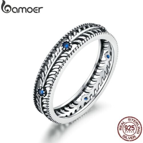Bamoer Authentic 925 Sterling Silver Classical Vine CZ Pendant Finger Rings for Women Engagement Statement Jewelry SCR660