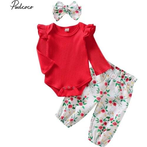 2019 Baby Spring Autumn Clothing 3PCS Sets Newborn Baby Girls Outfits Set Long Sleeve Ribbed Solid Tops+Pants + Headband Clothes