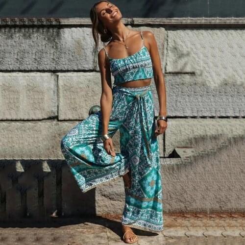 Fitshinling Wide Leg Pants Camis Matching Sets Bohemian Holiday Print Summer Outfits 2021 Two Pieces Slim Sexy Vintage Suits New