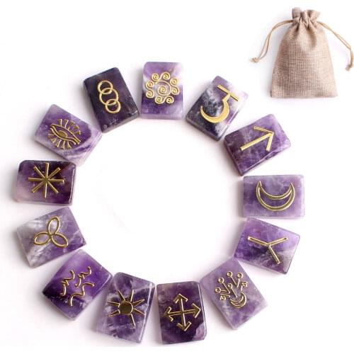 13PCS/Set Natural Amethyst Witches Rune Set Gypsy Symbols Metal Sticker Crystal Palm Stone Healing Meditation Divination
