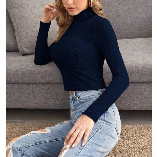 Solid Color Knitted Pullover Tops Autumn Warm Female Simple Style Long Sleeve High Collar Stretch Fitting Daily Wear Sweater