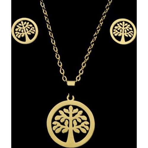 100% Stainless Steel PVD Gold Filled Life of Tree Heart Earring Necklace Jewelry Set 45cm Pendant Necklaces AAAAA Quality