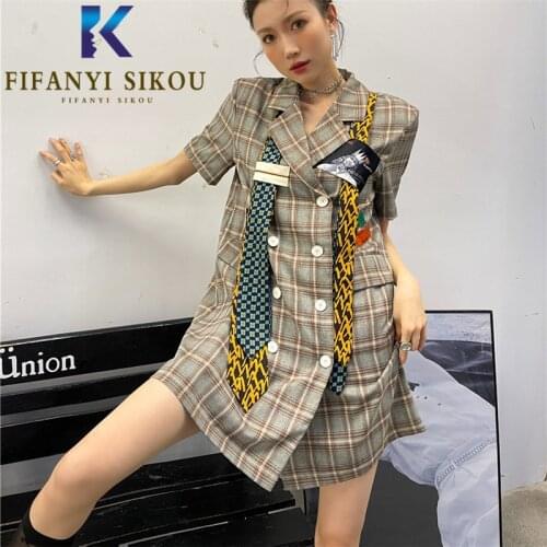 Plaid Blazer Dresses Women Double Breasted Fashion Lapel Short Sleeve Suit Dress Jacket Female Streetwear Loose Summer Dress