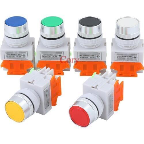 1PC Red/Yellow/Green/Blue/Black/White Cap Unlock/Locking 1NO 1NC LAY37 Flat Push Button Switch 22MM 10A AC 15V/DC13V