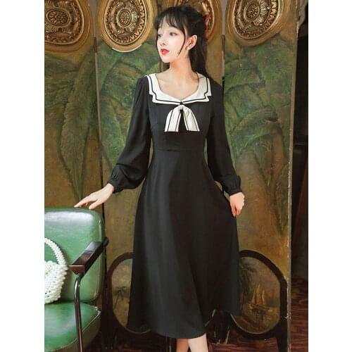 Summer new style womens Japanese girl navy neck bow tie temperament was thin long sleeves mid-length dress black dress