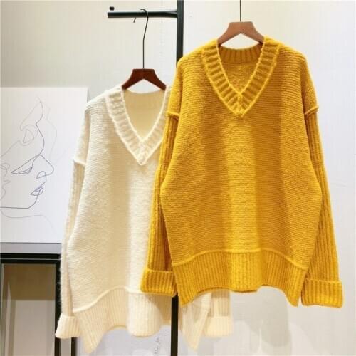 V-neck Sweater Women Solid Soft Thick Warm Sweater Korean Fashion Lazy Oaf Loose Pullover Simply Knitwear Tops Sueter Mujer