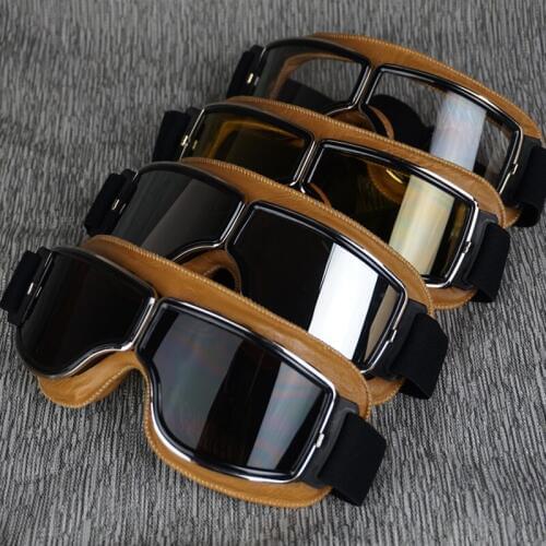 VCOROS Adjustable vintage motorcycle helmet goggles genuine yellow leather handcraft goggles for retro scooter helmets