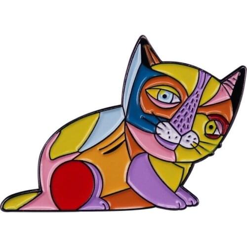 Vintage Painting Art Cute Animal Color Stitching Abstract Cat Metal Enamel Lapel Clothes Coats Bag Badge Brooch PinAccessories