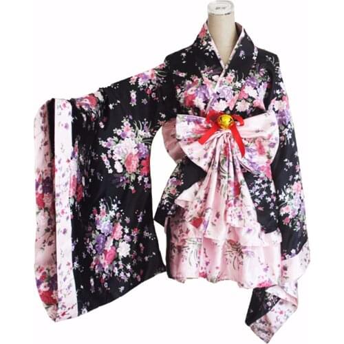 Japanese Kimono Sakura Printed Lolita Pink Short Sexy Layered Skirt Maid Cosplay Costume Halloween Fancy Dress for Women