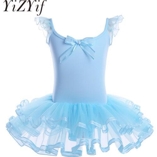 YiZYiF Girls Ballet Tutu Dress Cotton Mesh Ruffled Sleeves Gymnastics Leotard Ballet Dress Kid Ballerina Dance Costumes For Girl