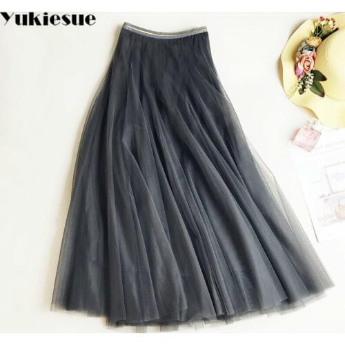 Spring Summer Elegant Tutu Skirt Women Big Swing Mesh Gauze Tulle Skirt Faldas High Waist Maxi Long Pleated Skirts Female