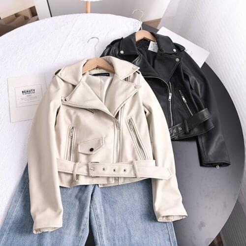 Ailegogo 2021 Spring Autumn Soft Faux Leather Short Jacket with Belt Women Lapel Pu Leather Coat Black Zipper Moto Biker Outwear