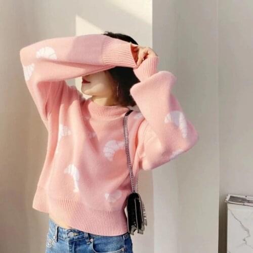 Ladies Contrast Pattern Intarsia Knitting Pullover Sweater With Long Sleeve & Round Neck