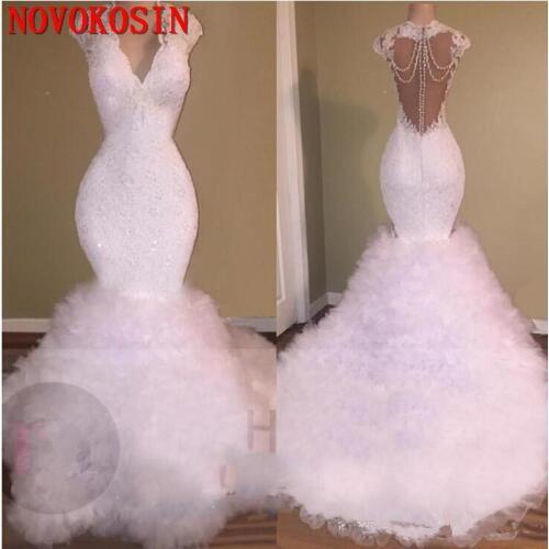 White Mermaid Prom Dress Tiered Puffy Ball Gown Tulle Skirt Backless Beads Long Chapel Train 2019 Evening Dress Vestido De Novia