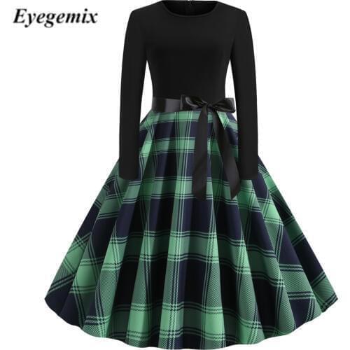 Retro Plaid Vintage Dress Robes Rockabilly Women Elegant Floral Print Long Sleeve Party Dresses Casual Female Office Vestidos