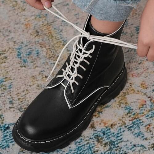 2020 New Winter Platform Round Toe Genuine Leather Handmade Women Boots Cross Tied Thick Sole Height Increasing Zipper Shoes