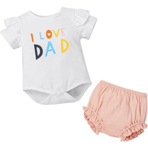 2021 Baby Girls 2Pcs Romper Set Short Sleeve Letter Printed Triangle Bodysuit with Solid Color Ruffled Triangle Shorts Hot Sale