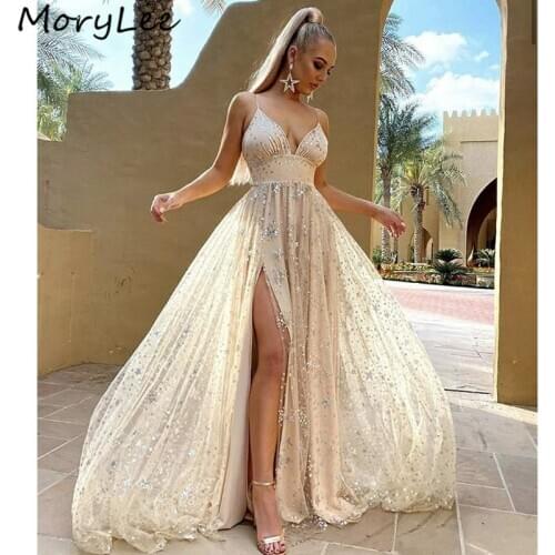 Shining Evening Dresses Spaghetti Straps Sweep Train A-Line Side Slit Shining Tulle Evening Dresses vestidos de fiesta de noche
