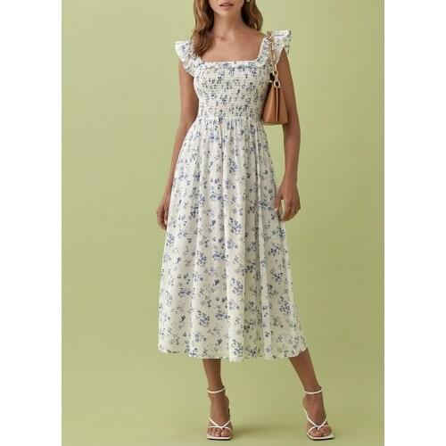 Floral Dresses For Women 2021 Elegant Ruffle Edge Square Neck Vacation Midi Dress Sleeveless Smocked Summer Dress Beach Sundress