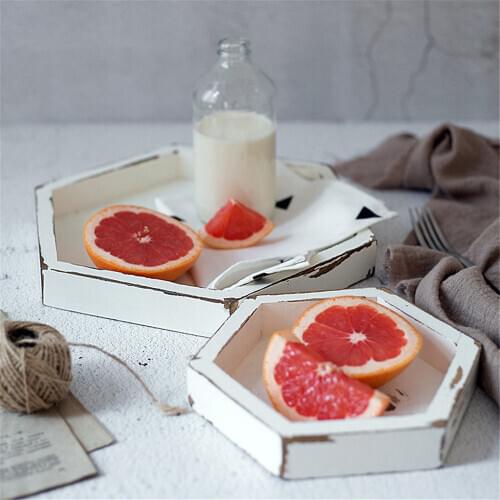 3 Sizes Retro Pastoral Wood Storage Tray Fruit Cake Dessert Plate White Color Hexagon Jewelry Display Tray Home Desktop Decor