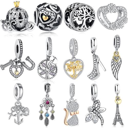 ELESHE Silver Charm Fit Original Pandora Bracelet 925 Sterling Silver Beads Love Charm DIY Heart Flower Tower Tree Bead Jewelry