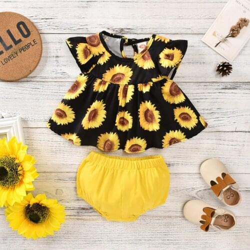 FOCUSNORM 0-12M Infant Baby Girls Clothes Sets 2pcs Sunflowers Printed Short Sleeve T Shirts Tops Solid Shorts