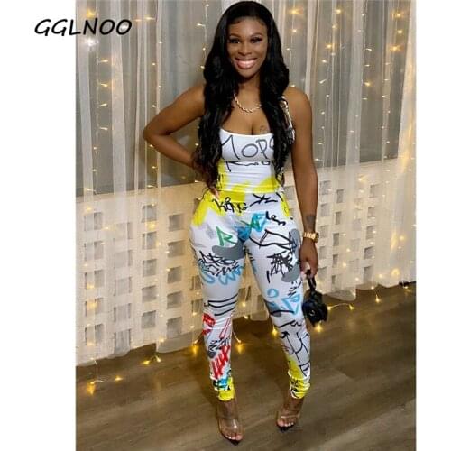 GGLNOO 2021 Best Quality Fashion Graffiti Print Tie Jumpsuit Spaghetti Strap Backless Summer Sexy Bodycon Rompers