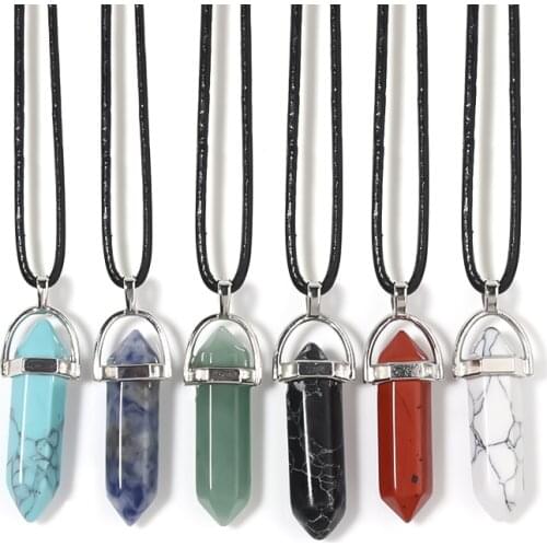 Stone Necklace Leather Cord Bullet Shape Couple Pendants for Women 32*8mm Natural Stone 50cm Length Jewelry Set
