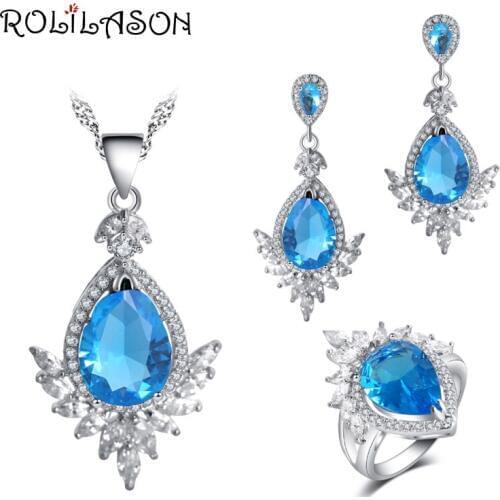 ROLILASON Trendy light Blue Cubic Zirconia Party Gift for Women stamped Earring Necklace Ring Jewelry Set JS771