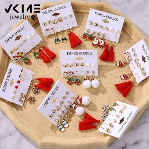 VKME Xmas Christmas Earrings Set Gifts For Women Girls Crystal Bells Santa Claus Snowflake Pearl Earring Festival Jewelry