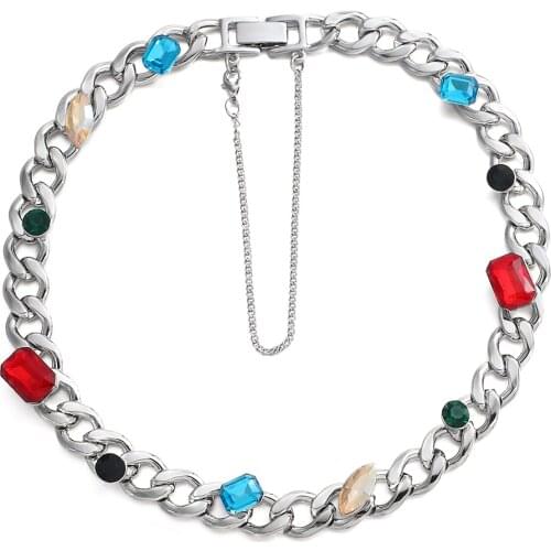 AENSOA Punk Cuban Chain Multicolor Rhinestone Pendant Necklace Silver Color Chunky Choker Thick Chain Necklace Women Jewelry