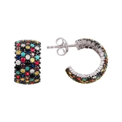 KUTAYDAN Rhodium Plated 5 Row Mixed Color Zircon Stone Tamtur Earrings 925 Sterling Silver