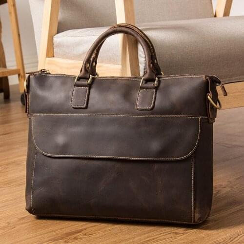 Luufan Genuine Leather Mens Laptop Briefcase Vintage Crazy Horse Leather Male 14" Business Messenger Bag Work Tote Shoulder Bag